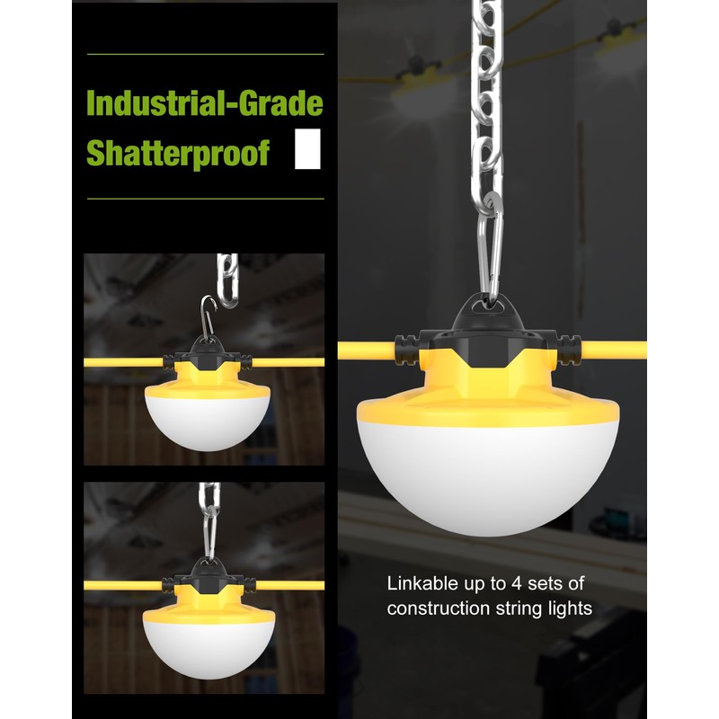 YXL 16000LM 130W Construction String Lights, 100FT Industrial LED String
