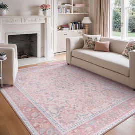 Bavni Bavni Vintage Floral Rugs 8x10, Washable Area Rug with Non Slip Backing, Low Pile for Living Room, Bedroom & Home Decor, Lightweight Carpet, Pink