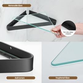 VOLPONE Bathroom Shelves Wall Mounted Glass Corner Shower Shelf for Bathroom Floating Shelf Tempered Glass Wall Organizer 2-Tier(Black)