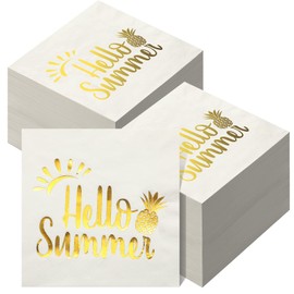 Outus 100 Pcs Cocktail Napkins Hello Summer Pineapple Paper Napkins 3 Ply Gold Foil Beverage Paper Napkins Disposable 5 x 5 Inch for Dessert Birthday Tropical Beach Hawaii Luau Theme Party Decoration