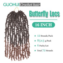 GUOHUI Butterfly Locs Crochet Hair 16 Inch 6 Packs Color Ombre Light Brown All Handmade Pre-Looped Distressed Faux Locs Braids for Women Kids (16",T30#)