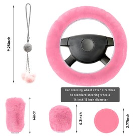 Yourkar 6 PCS Fluffy Steering Wheel Covers Set, 15 Inch Soft Steering Wheel Cover, Handbrake Cover & Gear Shift Cover & Cup Holder Coaster & Car Mirror Accessory, Car Accessories (Pink)