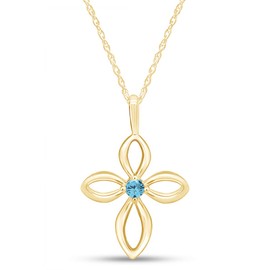 AFFY Round Shape Simulated Aquamarine Open Cross Pendant Necklace in 14k Yellow Gold Over Sterling Silver for Women 18" Chain