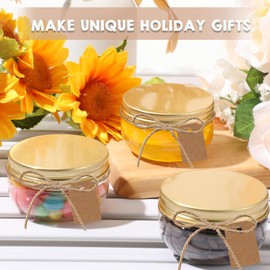 Suclain 96 Pcs 3 oz Mini Wide Mouth Plastic Jars with Lids Small Canning Yogurt Jars and 100 Tags Mini Storage Container for Jelly Jams Honey Spice Wedding Favors (Clear,Gold)