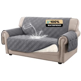 PrinceDeco 100% Waterproof Loveseat Covers for 2 Cushion Couch Sofa Covers Waterproof and Washable Sofa Slipcover with Side Pocket Furniture Protector with Elastic Straps(Loveseat 48", Grey)