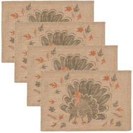 Now Designs Burlap Placemats, Set of Four, County, Set of 4, Country Turkey Print