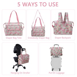 Johomviin Diaper Bag Tote Fashion Leather Diaper Bag Backpack with 13 Pockets for Mom Dad, Large Travel Baby Bag Purse for Boys Girls with 3 Insulated Pockets, Changing Station - Flower Pattern