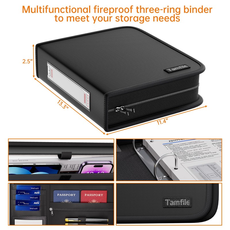 Tamfile Fireproof 3 Ring Binder with Zipper, 1.5 Inch D