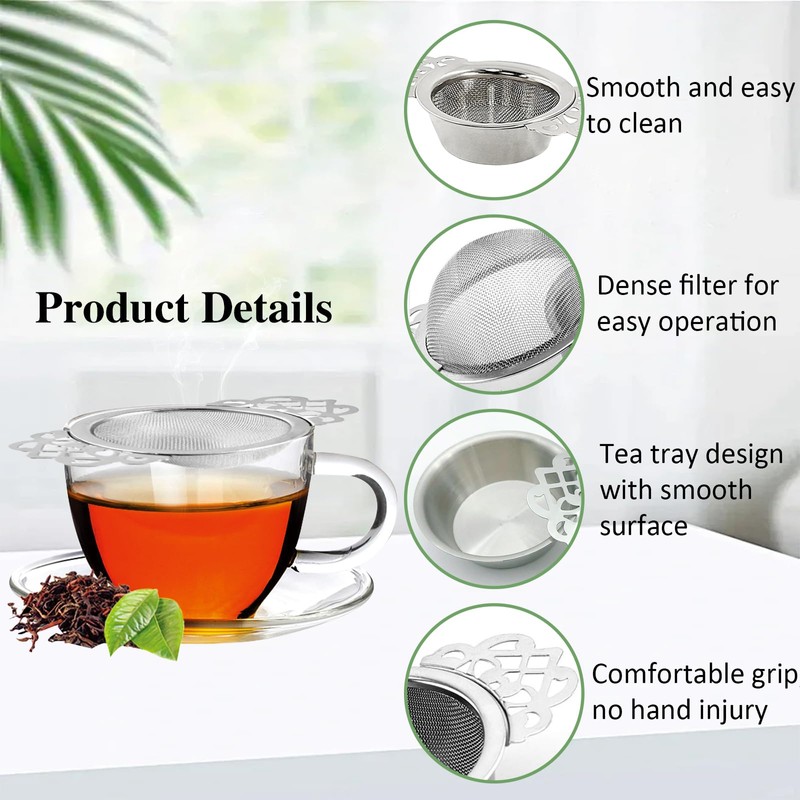 Wumuzai 2 Pack Tea Strainer with Drip Bowl, Stainless Steel