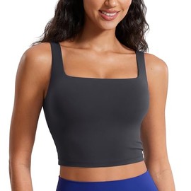 CRZ YOGA Butterluxe Womens Square Neck Longline Sports Bra - Workout Crop Tank Tops Padded Yoga Camisole with Built in Pads Mysterious Grey Large