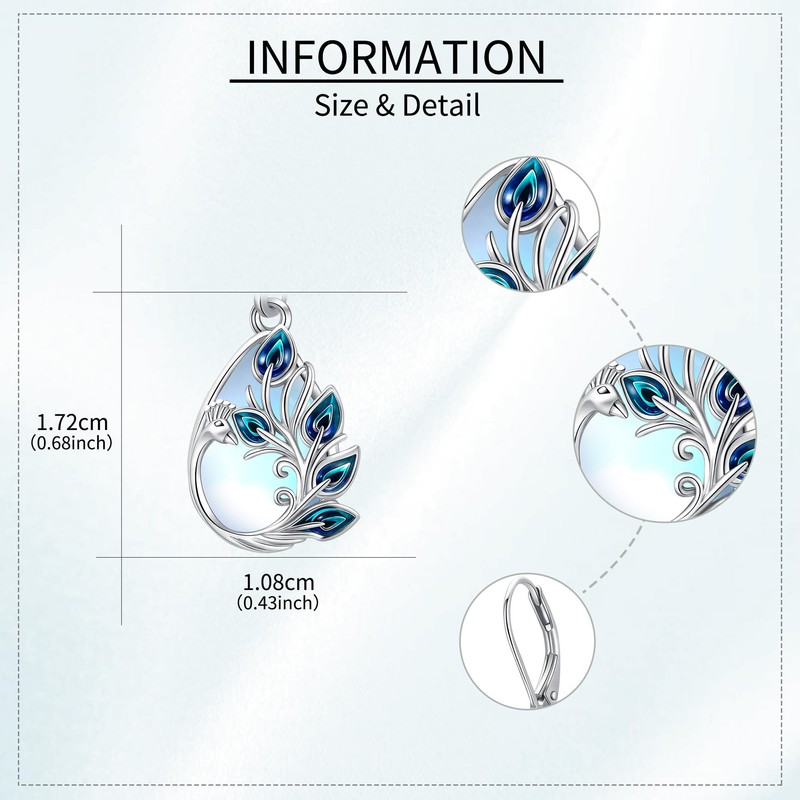 Peacock Earrings 925 Sterling Silver Peacock Earrings for Women Moonstone