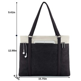 Wxnow 15.6 inch Canvas Business Bags for Women Canvas Work Bag Computer Tote Laptop Purse School Shoulder Bag Black