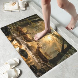 LB Rustic Deer Hunting Bath Mat - Sun Misty Forest Elk Scene Non-Slip Bathroom Rug, Soft Memory Foam Machine Washable - Country Cabin Lodge Bathroom Entryway Nature Decor 24"x16"