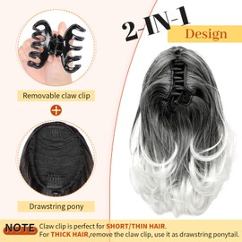 KooKaStyle Ponytail Extension, 10" Short Claw Clip in Pony Tails Hair Extensions Curly Wavy Synthetic Drawstring Hairpieces for Women(Grey Black with White ends)