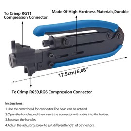mxuteuk Coax Cable Crimper Kit Adjustable RG6 RG59 RG11 75-5 75-7 Coaxial Compression Tool Fitting Wire Stripper With 10 pcs F Compression Connectors