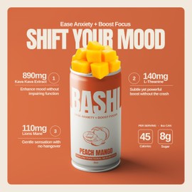 Bashi - Kava Drink Experience - Natural Relaxation & Stress Relief - Plant-Based Kava Extract - Non-Alcoholic, Caffeine Free - Peach Mango 8oz - 6 Pack