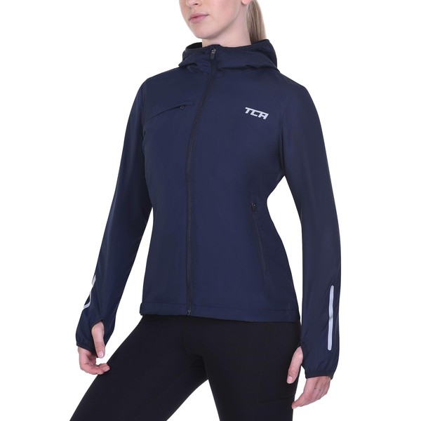TCA Women's Running Softshell Jacket, Reflective Breathable Compact Zip Pockets, dark blue