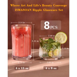 Arch Design Drinking Glasses Set of 8, 15 oz Highball Glasses & 8 oz Cocktail Glasses Set, Ribbed Glassware, Art Deco Glassware, Vintage Drinking Glasses, Kitchen Glassware, Bar Tumbler Glassware Set