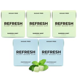 Refresh Gum, Xylitol, Sugar Free, Natural, Long Lasting Chewing Gum, Natural Flavors & Organic Ingredients, Plastic Free, Non GMO, Gluten Free, Vegan, Peppermint & Garden Mint) 5 Pack
