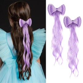 LyoRuSi 14 Ponytail Extension 2 Pack Purple Curly Wavy HairPieces Bow Alligator Clip Extension Natural Curly Ponytail Hair Extension Party Hair Styling for Women Girls
