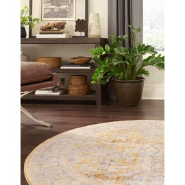 Unique Loom Revival Collection Traditional Medallion Border Yellow/Ivory Round Rug (3' 6 x 3' 6)