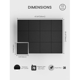 Bumusty Large Cork Board 47"x35" Alternative - 12 Pack Felt Wall Tiles with 70 Safe Removable Adhesive Tabs, 30 Pushpins, Cork Boards for Walls Pin Board Bulletin Board Office Decor (Black)