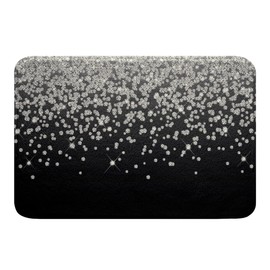 Loussiesd Silver Glitter Microfiber Bathroom Rugs (No Glitter) Blingations Non Slip Bath Mat Diamond Black Shaggy Absorbent Floor Mat for Bathroom Floor Indoor Doormat 16x24 Inch
