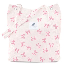 LHMTQVK Corduroy Tote Bags for Women, Large Capacity Corduroy Bag Reusable Grocery Shoulder Bag with Inner Pockets(Pink Ribbon)