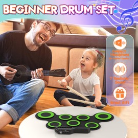 Rocktata® Electronic Drum Set, 7 Pad Roll-up Drum Kit with Headset Jack, Pedals, Drumsticks, Portable Kids Drum Set Practice Pad, Gift for Birthday Xmas Holiday, G3002 (No Built-in Speaker)