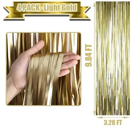 HalloweenDecorate 4 Pack Light Gold Foil Fringe Curtain Backdrop, 3.28Ft x 9.84Ft Metallic Tinsel Streamers Curtains for Party, Photo Booth Props, Birthday, 2022 Graduation Decoration Supplies