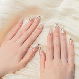 Sun&Beam Nails Handmade Press-on Long Coffin Ballerina Nude Beige Nude Beige Gold Leopard Print Rhinestone French Design Fashion False Nail Tips 10 Pcs Set (#202 XS)