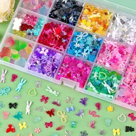 Sinyanail 3D Resin Nail Charms Rabbit Flower Bear Bowknot Hollow Star Heart Pearls Nail Jewelry Gems Gummy Heart Start Bear Nail Beads with Nail Charm Glue and Pickup Tools (13 Charms with Glue)