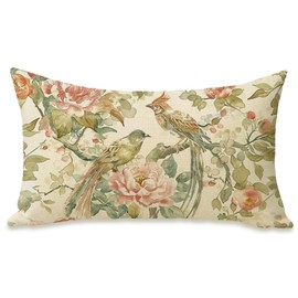 Fahrendom Vintage Floral Bird Lumbar Decorative Rectangle Pillow Cover