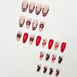 French Medium Almond Press on Nails with Flower Cherry Design Fake Nails Reusable Artificial Acrylic Glossy Full Cover Brown Floral 3D Silvery Line Pink False Nails for Women Girl DIY Manicure 24 Pcs