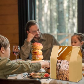 NOONEAST 200 Pack Large Paper Bread Bags for Homemade Bread Sourdough Bags 14" x 8.3" x 3.5" with Tin Tie Tab Lock Clear Front Window Bakery Bag Packaging Cookie Bag with Label Seal Stickers