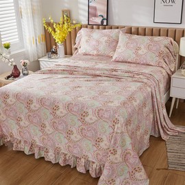 ABREEZE Pink Boho Bed Sheet Set, Extra Soft 100% Cotton Sheet Set, Vintage Flower Paisley Printed Bed Sheet Set, Floral Sheet and Pillowcase 4-Piece King Size