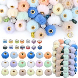 HACRAHO Plush Ball Beads, 150 Pieces Mixed Color Fluffy Faux Fur Pompoms Beads with 50 Rhinestone Beads for DIY Bracelets, Keychains, Pens Accessories