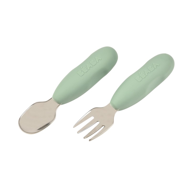 Beaba Stainless Steel Fork and Spoon Pre Cutlery Set, Sage