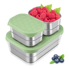 Leonyo 18/10 Stainless Steel Lunch Containers for Kids, Leak Proof Food Snack Containers with Silicone Lids, Metal Toddler Bento Box for School Daycare Picnic, Non-Toxic, Green(25oz+8oz*2)