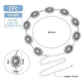 Hobbspring Metall Bund 64.6cm Western Cowgirl Taillengliedergürtel Verstellbarer Ovaler Gürtel Aus Legierung Antiker Silberbund Boho Kettengürtel Für Kleider Jeans Konzert Outfit