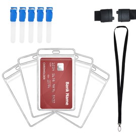 5 Pack Plastic Waterproof ID Badge Holders with Safety Breakaway Lanyard and Crocodile Clips, 2-Sided Clear Windows, Hanging Pass Holders with Resealable Zipper Vertical