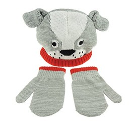 Baby Girls Boys Kids Childrens Toddlers Babies Warm Winter Knit Knitted Stay On Snow Cold Weather Cute Cat Dog Animal Face Beanie Woolen Hat & Mittens Gloves Shower Newborn Set 0 3 6 9 12 Months Grey