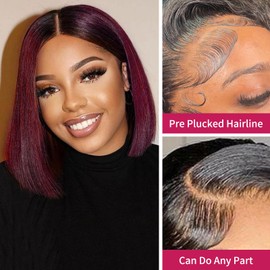 WIGNEE 10 Inch Short Straight Bob Wig Human Hair Glueless Bob Wig Pre Plucked with Baby Hair 180% Density Bob Wig Human Hair 13x4 Frontal Lace Wig Bob Wigs for Black Women Human Hair(Burgundy)