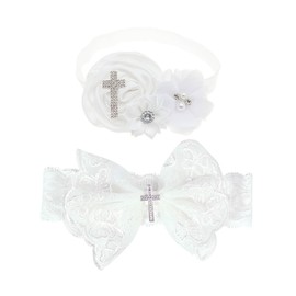 BBTDIN Baby Baptism Headband Bow Newborn Christening Hair Band Baby Baptism Lace Headwear BBG48 (C2-Cross Set)