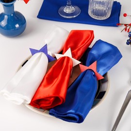 12PCS Patriotic Cloth Napkin + 12PCS Wooden Star Napkin Rings Holder Set 4th of July Red White Blue for Independence Day Memorial Day Party Dining Table Decor