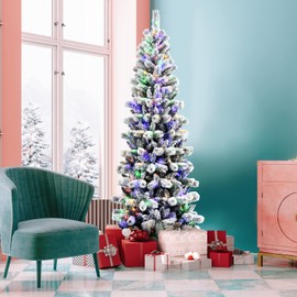 Happygrill 8FT Pre-lit Snow Flocked Christmas Pine Tree Hinged Artificial Xmas Tree with 350 LED Lights, 795 Branch Tips, Foldable Metal Stand, Xmas Full Tree Décor for Home Office