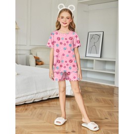 Arshiner Girls Pajama Set Short Sleeve Lounge Set Soft Shirring Summer Sleepwear Pj Sets Pink Donut 7-8 Years