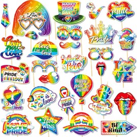30 Pieces Rainbow Funny Photo Booth Props for Birthday Weddings Graduation Party Supplies Prom Disco Mardi Gras Party Supplies Mix of Hats, Lipstick, Tie, Crowns