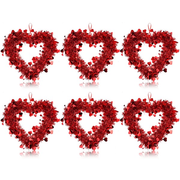 Valentine Heart Shaped Wreaths Red Tinsel Heart Shaped Wreaths with Foil Hearts Love Hanging for Valentine's Day Wedding Front Door Wall Window Mantel Decor (6 Pieces)