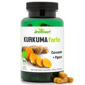 Dreikraut Turmeric Forte Bio, Turmeric + Curcumin 95% + Piperin, 160 x Vegan Capsules, 465 mg each, German Production, Balanced Formula, Free from Additives, Residue-Tested